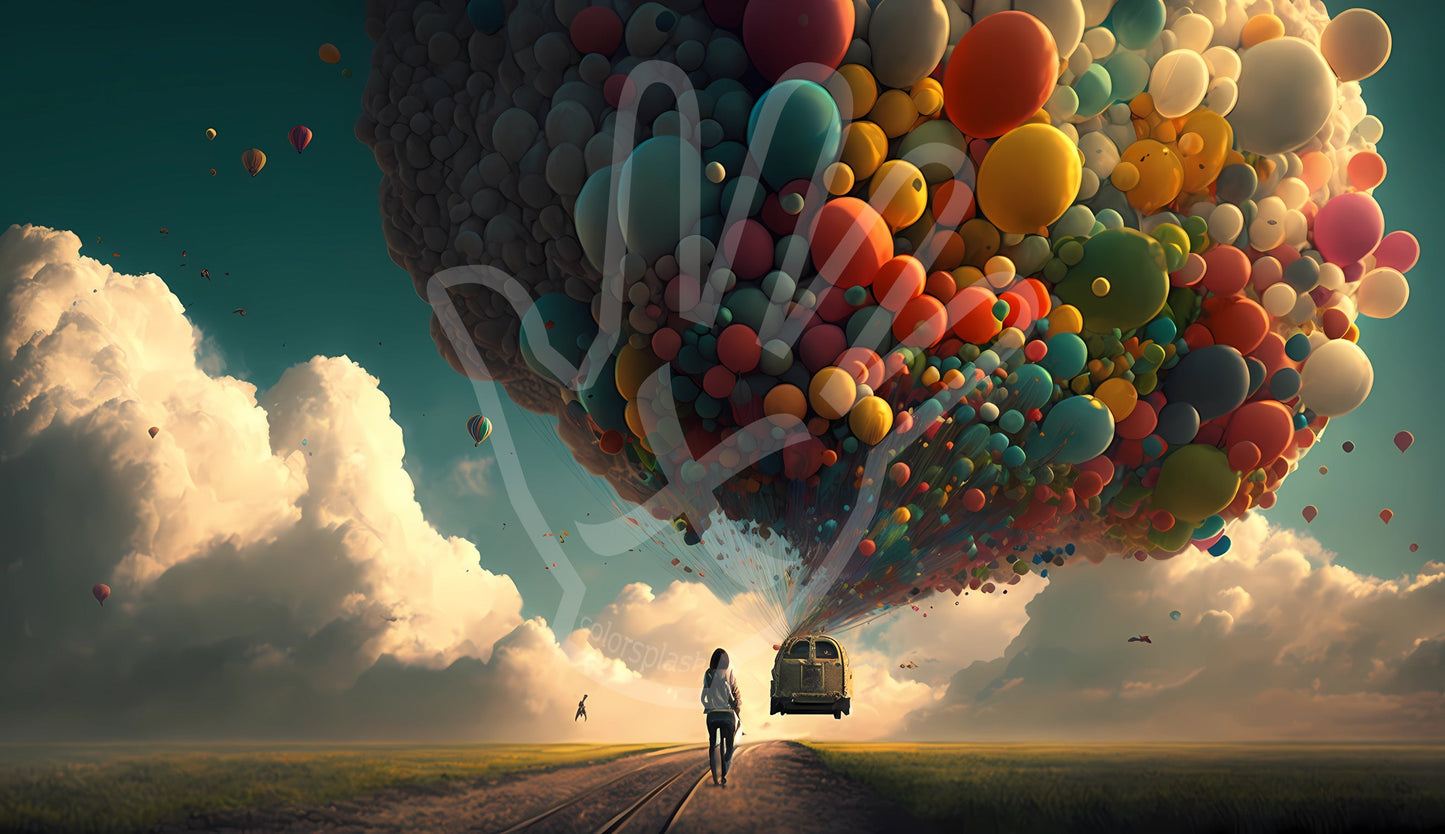Globos de colores hacen que un coche se aleje flotando